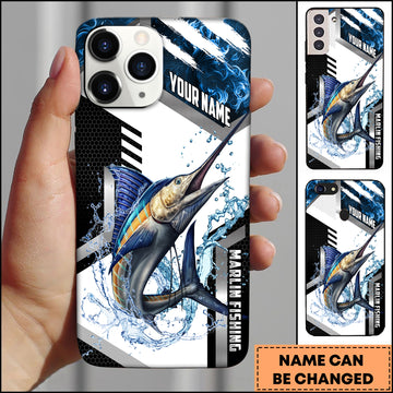 Maxcorners Marlin Fishing Phone Case  Splash Water Honeycomb Black White Sport Design Personalized Name Phone Case