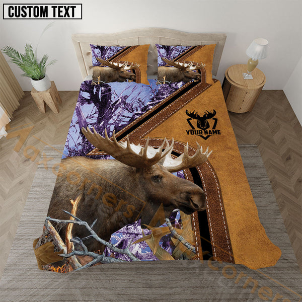 Maxcorners Moose Hunting Purple Real Tree Forest Leather Stripe Bedding Set 3D All Over Printed