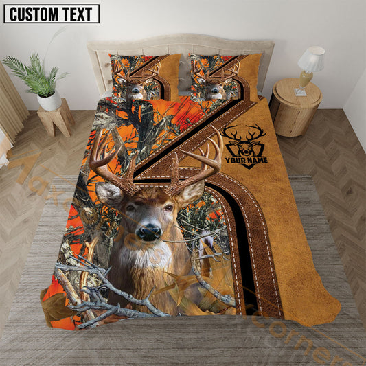 Maxcorners Deer Hunting Orange Camo Real Tree Forest Leather Stripe Bedding Set 3D All Over Printed