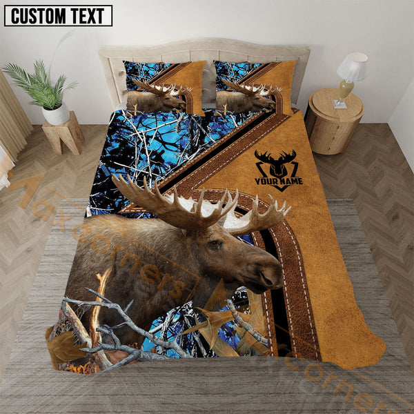 Maxcorners Moose Hunting Blue Real Tree Forest Leather Stripe Bedding Set 3D All Over Printed