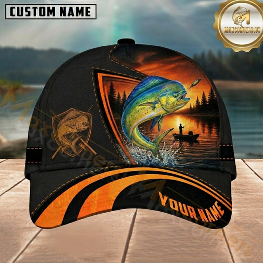 Maxcorners Fishing Black Orange Sunset Customized Name 3D Cap