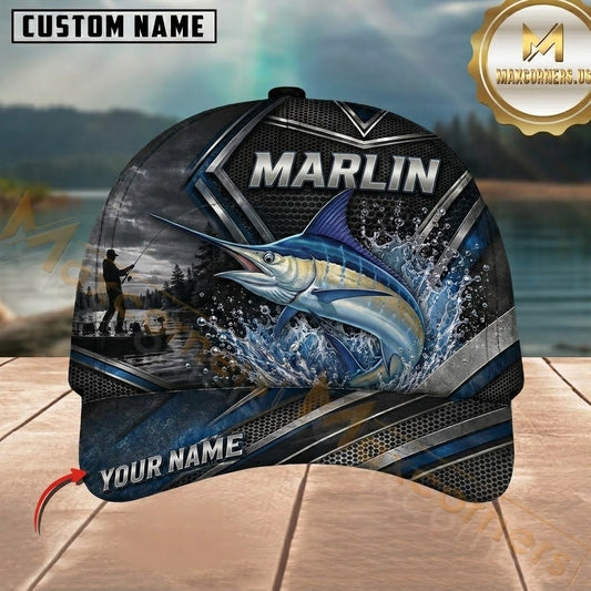 Maxcorners Fishing Geometric Metal Armor Lakeside Scene Customized Name 3D Cap