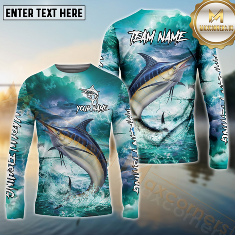 Maxcorners Marlin Fishing Storm Ocean Style Pattern Sport Jersey Personalized Name, Team Name Long Sleeve Shirt