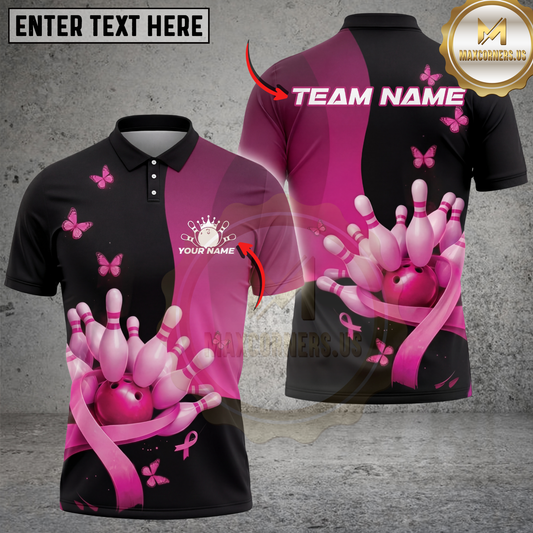Maxcorners Pink Ribbon Bowling Shirt Breast Cancer Awareness Design Multicolor Options Personalized Name, Team Name 3D Shirt (4 Colors)