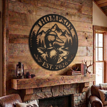 Maxcorners Personalized Duck Hunting Mountain River Forest Metal Sign Custom Family Name & Year Cabin Wall Decor