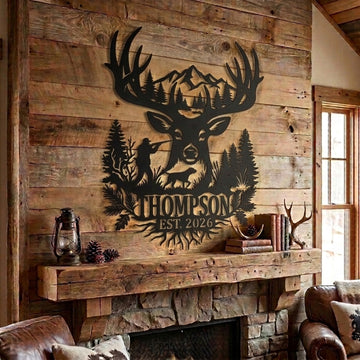 Maxcorners Custom Big Buck Deer Head Hunter And Dog Mountain Metal Sign Personalized Family Name & Year Hunting Gift