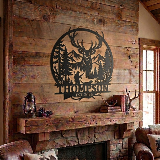 Maxcorners Custom Big Elk Buck Mountain Forest Hunter Dog Metal Sign Personalized Family Name & Year Hunting Gift