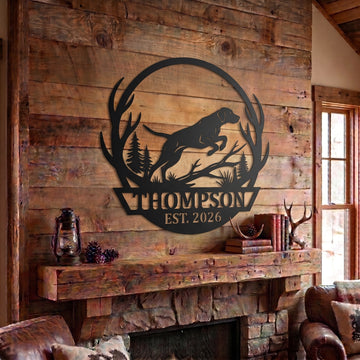 Maxcorners Personalized Hunting Dog Jumping Antler Forest Metal Sign Custom Family Name & Year Cabin Wall Decor