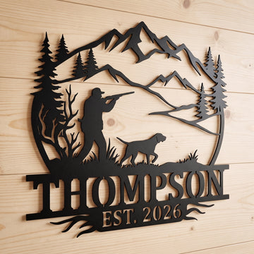 Maxcorners Custom Hunter And Dog Mountain Forest Metal Sign Personalized Family Name & Year Hunting Cabin Wall Art