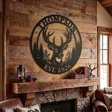 Maxcorners Custom Deer Buck Head Pine Forest Circle Metal Sign Personalized Family Name & Year Cabin Wall Art