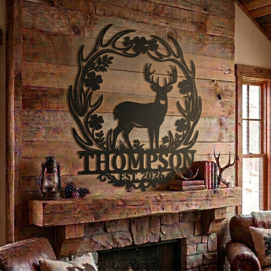 Maxcorners Personalized Deer Antler Wreath Clover Flower Metal Sign Custom Family Name & Year Hunting Lodge Decor