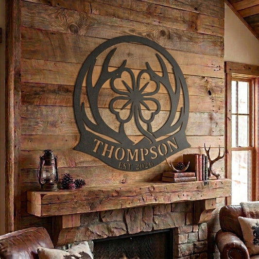 Maxcorners Custom Antler Clover Shamrock Metal Sign Personalized Family Name & Year Lucky Hunting Cabin Decor