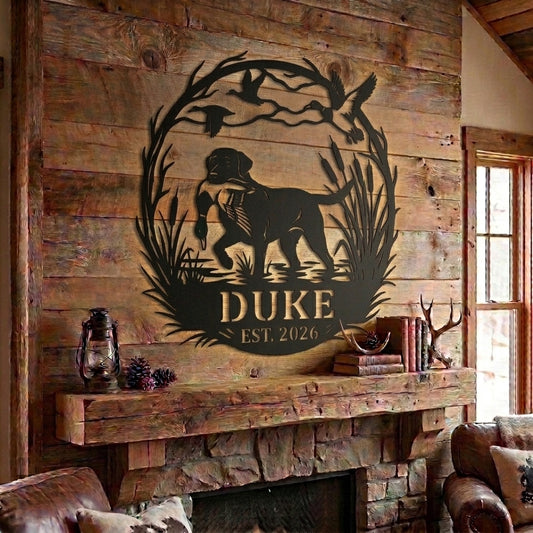 Maxcorners Personalized Hunting Dog Duck Retriever Metal Sign Custom Dog Name & Year Duck Hunting Cabin Decor