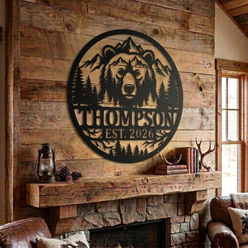 Maxcorners Personalized Bear Forest Mountain Metal Sign Custom Family Name & Year Wildlife Cabin Wall Art
