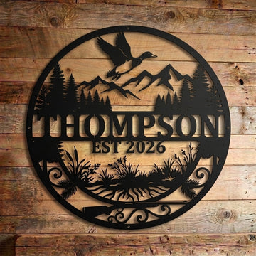 Maxcorners Personalized Duck Hunting Mountain Pine Forest Lake Metal Sign Custom Family Name & Year Cabin Wall Decor
