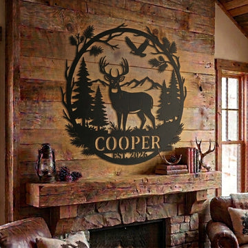 Maxcorners Personalized Deer Buck Forest Eagle Mountain Metal Sign Custom Family Name & Year Hunting Cabin Wall Decor