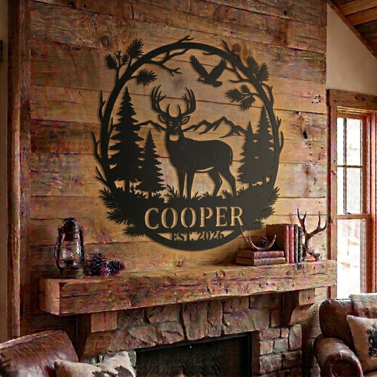 Maxcorners Personalized Deer Buck Forest Eagle Mountain Metal Sign Custom Family Name & Year Hunting Cabin Wall Decor