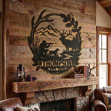 Maxcorners Custom Hunter And Hunting Dog Elk Hunting Metal Sign Personalized Family Name & Year Antler Mountain Cabin Decor
