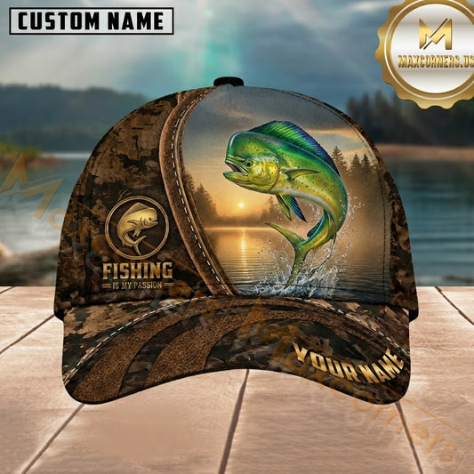Maxcorners Fishing Rustic Brown Camo Sunset Lake Customized Name 3D Cap