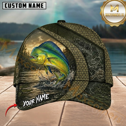 Maxcorners Fishing Olive Green Honeycomb Water Splash Customized Name 3D Cap