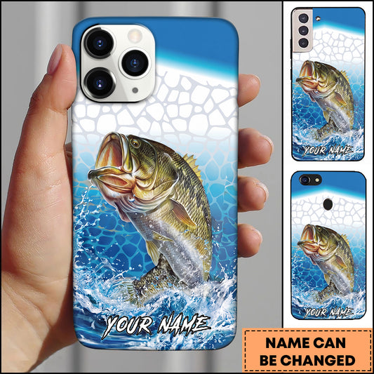 Maxcorners Bass Fishing Phone Case Aqua Water Splash Scale Pattern Design Personalized Fisherman Name Phone Case (12 Fish Species)