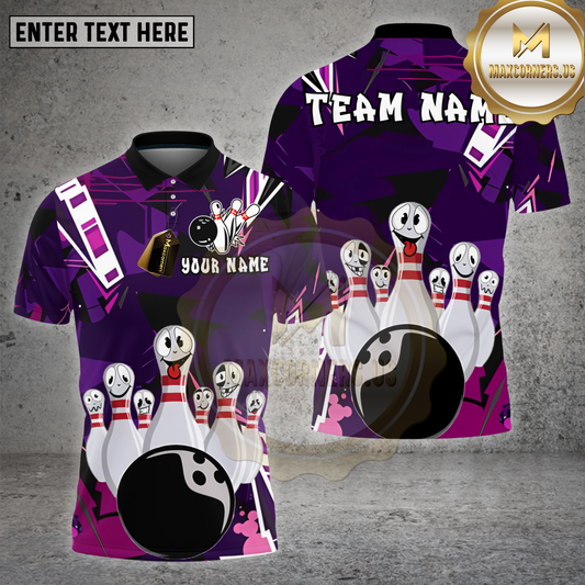 Maxcorners Bowling Shirt Cartoon Bowling Pins Funny Faces Personalized Name, Team Name 3D Shirt (4 Colors)