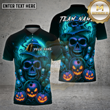 Maxcorners Halloween Skull Bowling Shirt Neon Pumpkin Ghost Pins Personalized Name, Team Name 3D Shirt (4 Colors)