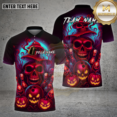 Maxcorners Halloween Skull Bowling Shirt Neon Pumpkin Ghost Pins Personalized Name, Team Name 3D Shirt (4 Colors)