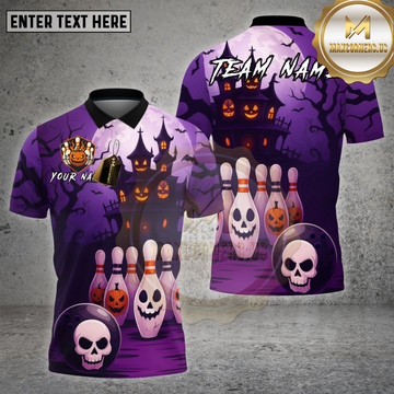 Maxcorners Haunted House Bowling Shirt Skull Pins Pumpkin Ball  Halloween Style Custom Team Name Personalized Jersey (4 Colors)