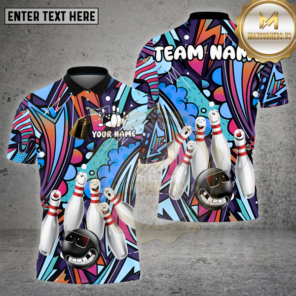 Maxcorners Bowling Shirt Graffiti Neon Cartoon Pins & Smiley Bowling Ball Personalized Name, Team Name 3D Shirt (4 Colors)