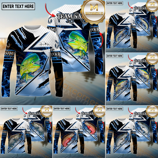Maxcorners Saltwater Fishing Shirt Catfish Splash Blue Water Hook Pattern Sport Jersey Personalized Name, Team Name 3D All Over Printed Clothes