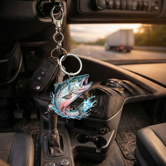 Maxcorners Salmon Fishing Keychain Fish Water Splash Art Personalized Name 2D Keychain