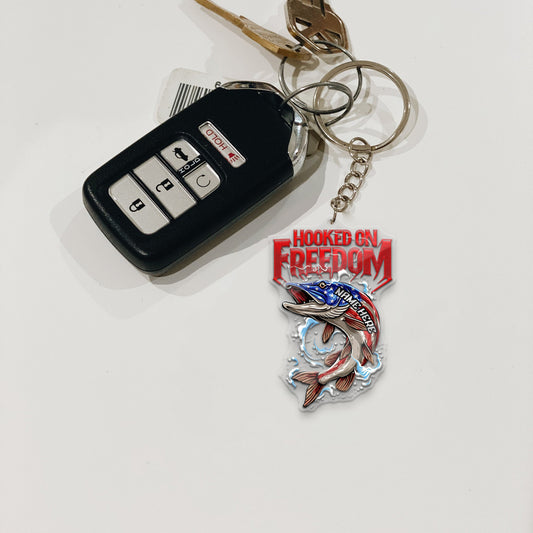 Maxcorners Pike Fishing Keychain Hooked On Freedom American Flag Fish Design Personalized Name 2D Keychain