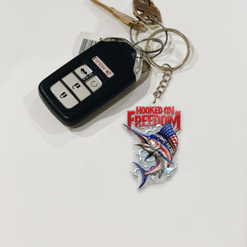 Maxcorners Marlin Fishing Keychain Hooked On Freedom American Flag Fish Design Personalized Name 2D Keychain