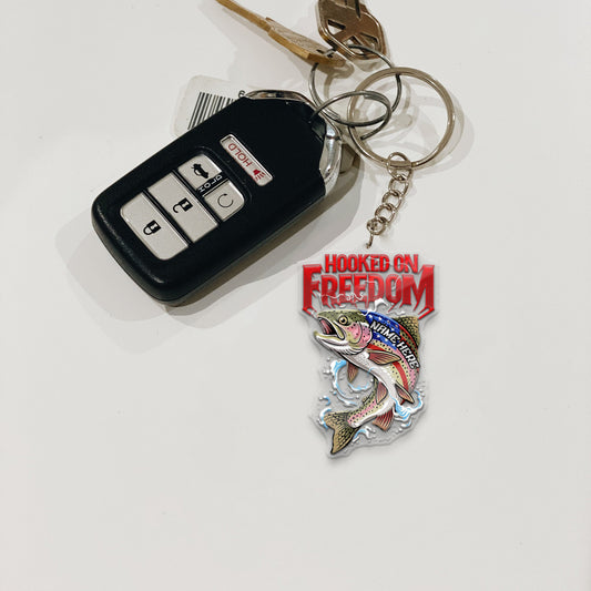 Maxcorners Trout Fishing Keychain Hooked On Freedom American Flag Fish Design Personalized Name 2D Keychain