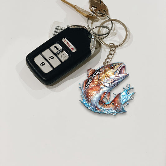 Maxcorners Red Fish Fishing Keychain Fish Water Splash Art Personalized Name 2D Keychain
