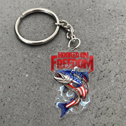 Maxcorners Salmon Fishing Keychain Hooked On Freedom American Flag Fish Design Personalized Name 2D Keychain