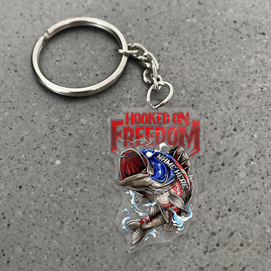Maxcorners Bass Fishing Keychain Hooked On Freedom American Flag Fish Design Personalized Name 2D Keychain