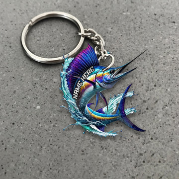 Maxcorners Marlin Fishing Colorful Neon Water Splash Art Personalized Name Keychain