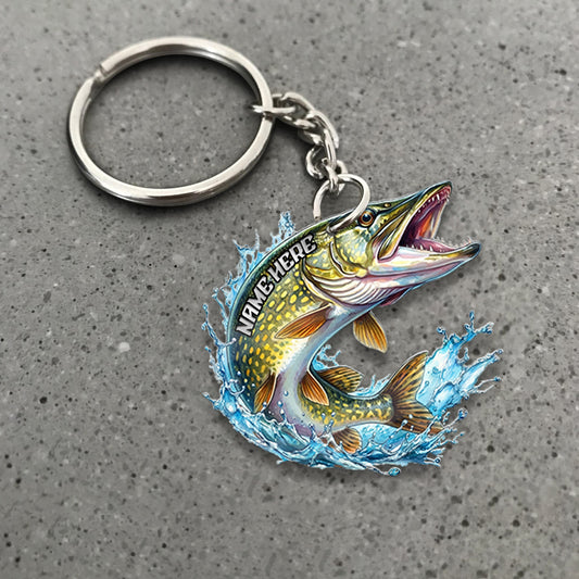 Maxcorners Pike Fishing Keychain Fish Water Splash Art Personalized Name 2D Keychain