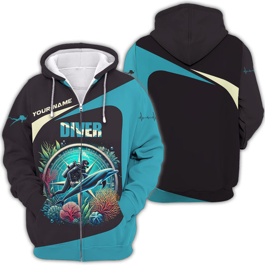 Maxcorners 3D Full Print Scuba Diving T-Shirts Personalized Name Gift For Diver Lovers LM2111