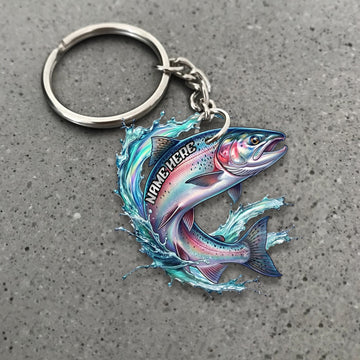 Maxcorners Salmon Fishing Colorful Neon Water Splash Art Personalized Name Keychain