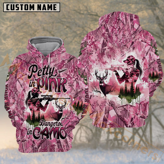Maxcorners Hunting Pretty In Pink Deer Woodland Camo Personalized 3D Combo Hoodie, Sweatpants Set & Cap