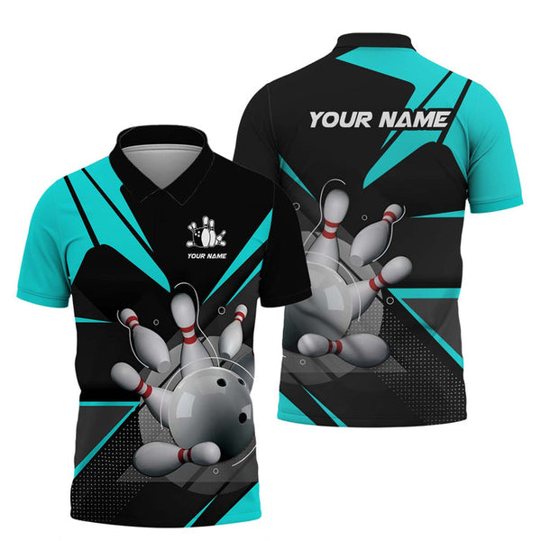 MaxCorners Bowling And Pins Black And Cyan Pattern Customized Name, Team Name 3D Darts Polo Shirt For Men