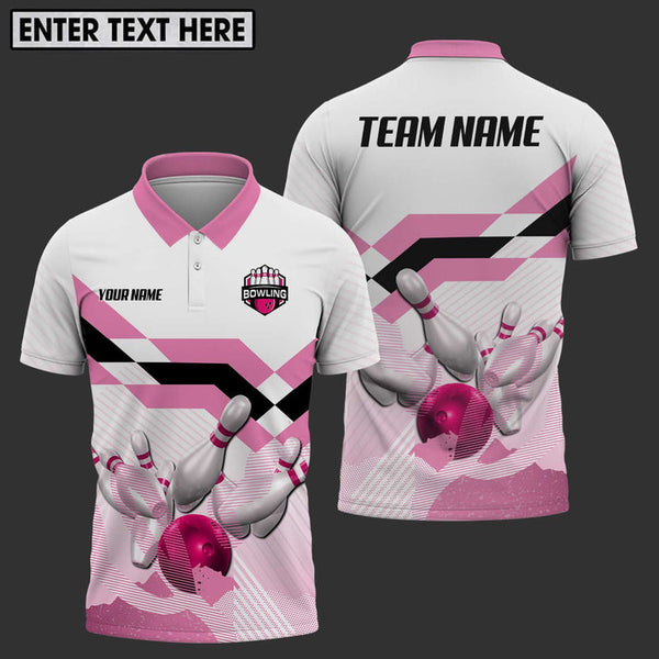 MaxCorners Bowling And Pins Pink Customized Name, Team Name 3D Darts Polo Shirt For Men