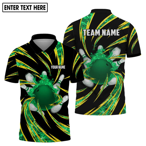 MaxCorners Bowling And Pins Flame Emerald Customized Name And Team Name 3D Polo Shirt For Men