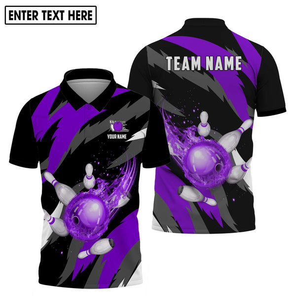 MaxCorners Bowling And Pins Purple Flame Customized Name, Team Name 3D Polo Shirt For Men