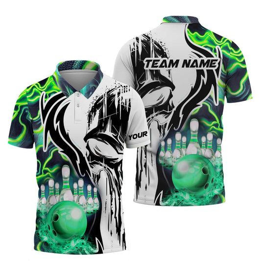 MaxCorners Bowling And Pins Neon Line Color Customized Name, Team Name 3D Polo Shirt For Men