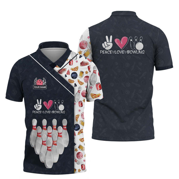 MaxCorners Bowling And Pins Peace Love Customized Name, Team Name 3D Darts Polo Shirt For Men