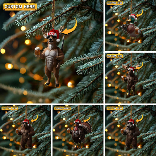Maxcorners Deer Hunter Muscle Santa Hat Beer Mug Personalized Name Christmas Ornament